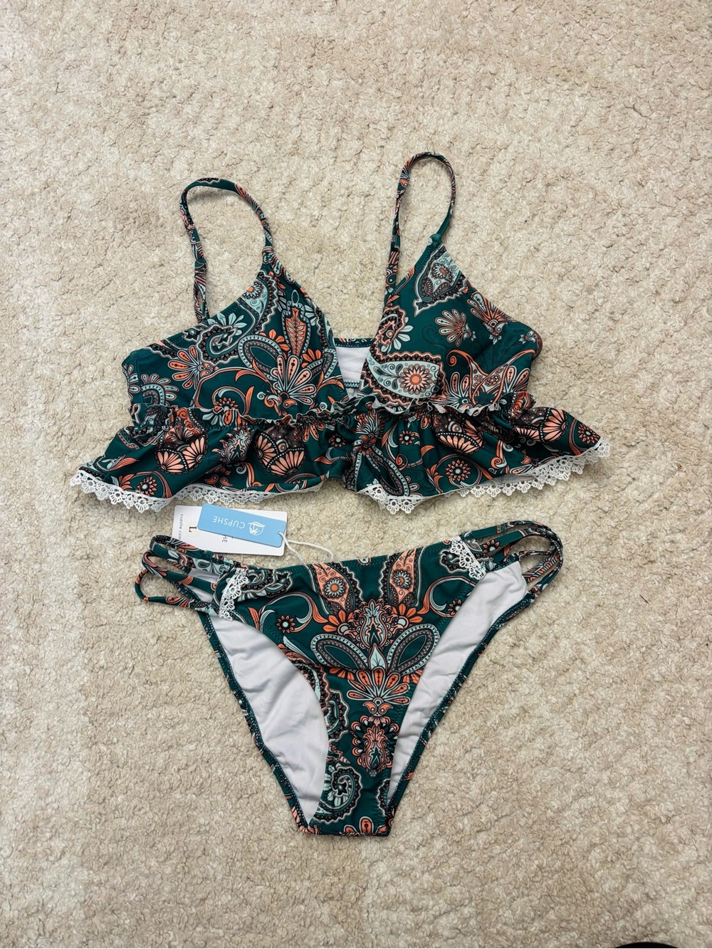 Cupshe Dark Green Paisley Ruffle Bikini Set